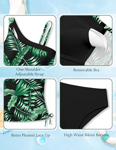 Image of AGAPENG Girls Swimsuit Two Piece One Shoulder Tankini Floral Print Drawstring Swimwear Set 7-14Y