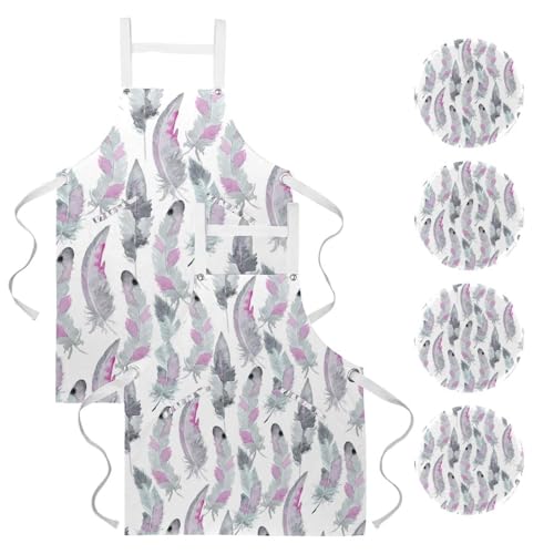 Lot de 2 tabliers de cuisine avec 4 broches, motif plume aquarelle multicolore
