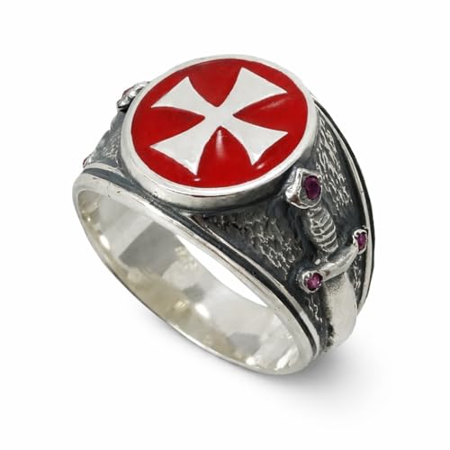 Bague templier en argent 925 et émail rouge à porter au quotidien