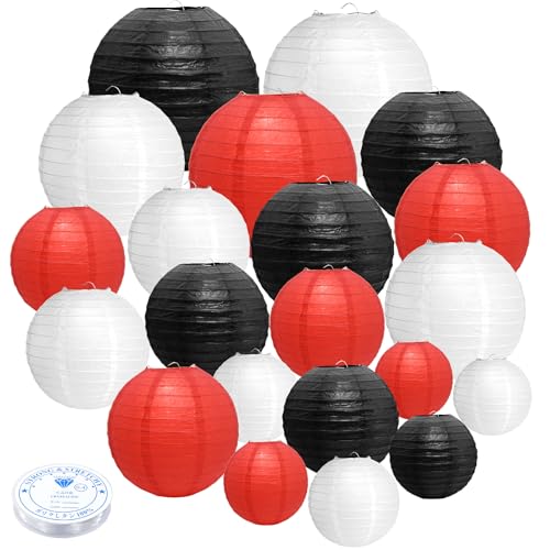 21Pcs Black Red White Paper Lanterns, 4-10in Round Hanging Decor, Parties