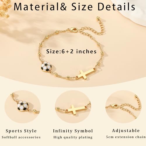 Image of Softball /Volleyball /Soccer /Basketball Football Bracelet for Girls Women, 14K Gold Plated Cross Link Chain Sport Accessories Christian Jewelry Gifts for Teens Team Coach Players