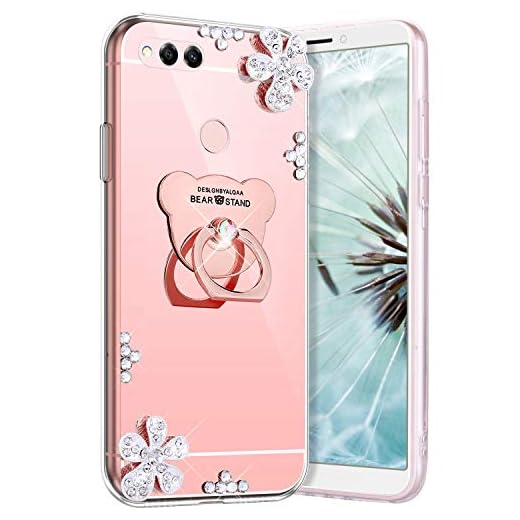 Robinsoni Fodral kompatibelt med Huawei Honor 7X mobilskal flexibelt fodral glitter silikonfodral klart fodral diamant bling fodral björnform 360 graders ring skydd tunn spegel effekt telefonfodral roséguld