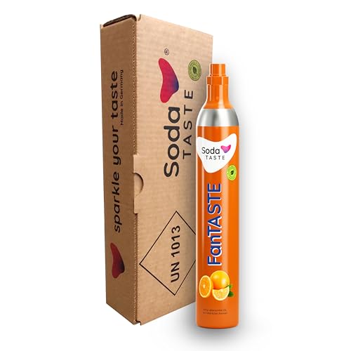 SodaTASTE CO2-Zylinder tauschen (Refill) für Wassersprudler mit natürlichem FanTASTE-(Orangen-)Aroma ohne Sirup für max. 60l Sprudelwasser mit Geschmack zuckerfrei (ACHTUNG: Leerer Zylinder nötig)