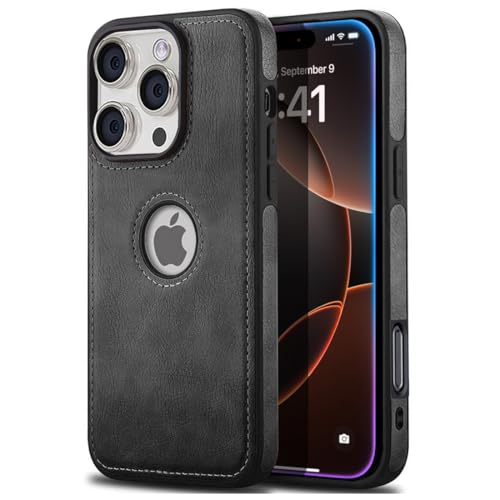Image of KARWAN️ Genuine Leather Finish iPhone 16 Pro Max Back Cover Case |Shockproof Design |Raised Edges for Camera & Screen Protection |Super Soft - Touch |Leather Case for iPhone 16 Pro Max - Black