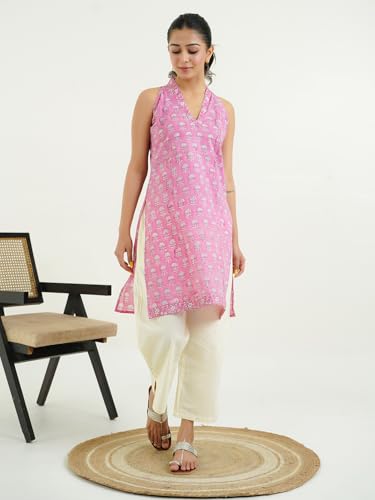 Image of GOODHAND Women Printed Cotton Kurti | Casual Long Kurta | Comfortable Ethnic Wear with Relaxed Fit