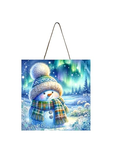 Snowman Christmas Handmade Printed Wood Christmas Ornament Small Sign (Snowman Northern Lights)