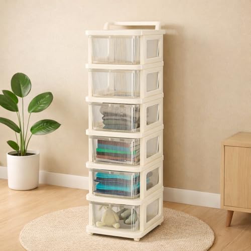 Image of KITCHIVO Heavy Duty Plastic Storage Drawer with Wheels | Modular Cabinet for Bedroom, Office, Home or Classroom| Chest of Drawers Organiser for Cosmetics, Kitchen items, Toys (White, 6)