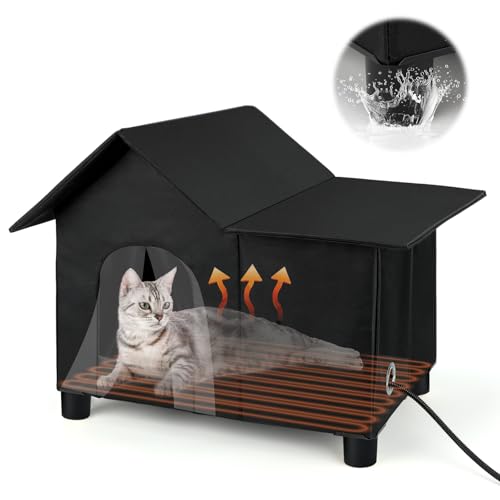 Large Heated Cat House for Outside, Elevated Outdoor Cat House Weatherproof with Heating Pad for Winter, Warm Feral Cats Shelter for Multiple Cats, 19.7 X 13.4 X 18.1 Inches (Black)