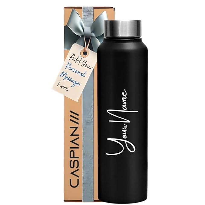 Image of CASPIAN / / / Asta Customised Stainless Steel Water Bottle 1L, Religious Symbol Print with Name - Spiritual Personalised Bottle for Temple, Office, Yoga & Corporate Gifting (Black)