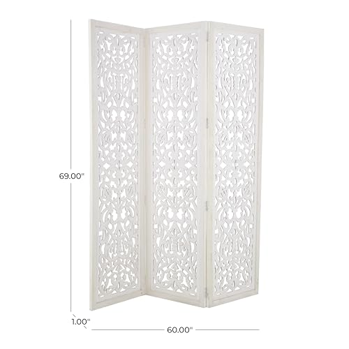 Deco 79 Wooden Floral Handmade Foldable Partition 3 Panel Room Divider Screen with Carved Design, 60" x 1" x 69", White by deco 79 - Used condition - Image 6