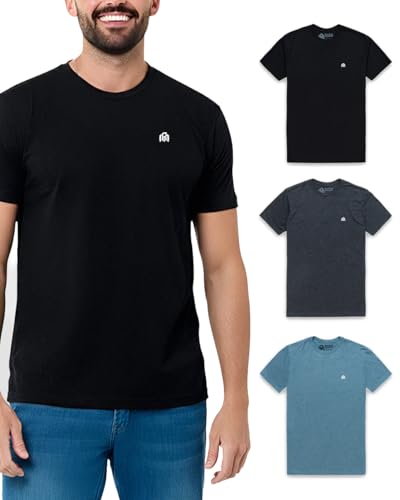 INTO THE AM Men's Logo Tees 3 Pack Multipack - Fitted Crewneck Gym Casual Workout Tshirts Shirts for Men (Black/Charcoal/Indigo, Medium)