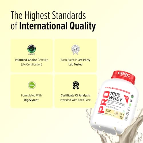 Image of GNC Pro Performance 100% Whey Protein | New Formulation | 24g Protein, 5.7g BCAAs, 12.3g EAAs | Added DigeZyme | Whey Isolate & Concentrate Blend, Low Carb (4.51g), No Added Sugar | Vanilla Cream, 1.81Kg