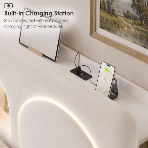 Image of Twin Bed Frame for Girls with Storage Headboard & Charging Station, Beige
