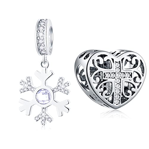 Gemdazz Snowflake And Faith Cross In Heart Charm Set In 925 Sterling Silver,Fit Bracelet, Christmas Thanksgiving Gift For Grandma/Mother #TOP6