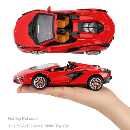 Image of 1:32 Open Lamborghinii Sian Diecast Toy Car Metal Pull Back Vehicle with Openable Doors Lights & Sound Collectible Gift Toy for Kids Boys & Girls Fun & Realistic Design (Red)
