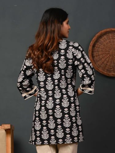 Image of Rimeline Women's Floral Printed Cotton Kurti Top | Round Notch Neck 3 /4 Sleeve Straight Fit Casual Tunic