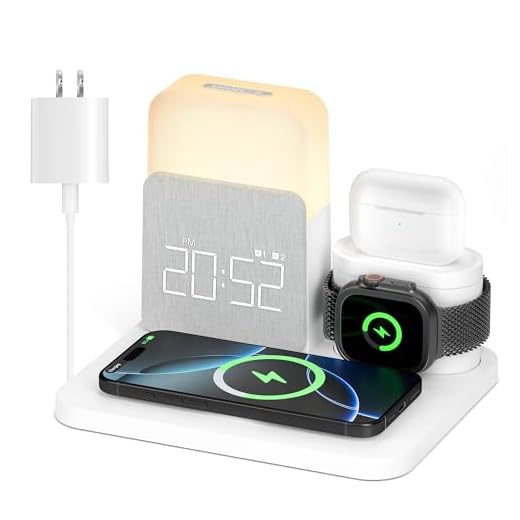 Alarm Clock with Wireless Charger for Bedrooms, 6 in 1 Wireless Charging Station, Magnetic Charger with Night Light Bedside Clock for iPhone 17 16 15 14 13 12 Pro Max, Apple Watch, AirPods