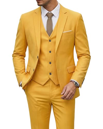 YND Mens 3 Piece Suit Set with Tie 2 Button Slim Fit Solid Blazer Jacket Vest Pants Business Wedding Party Suits for Men Yellow