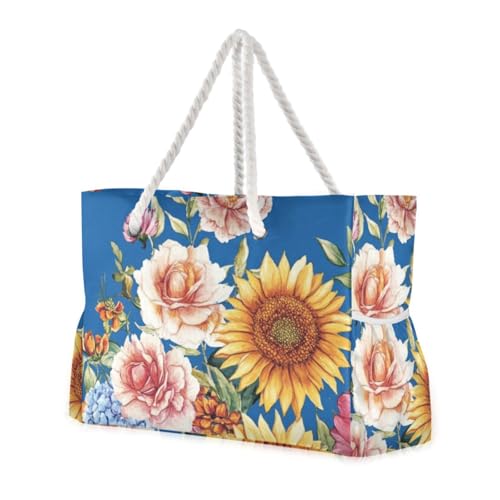 Fall Flowers Sunflower Snapdragon Blue Portable Sandproof Outdoor Tote with side pocketes Bag Women Travel Essentials Beach Birthday for Women