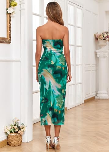 Image of ALENDA DANMOS Womens Strapless Printed Midi Dress with Slit Floral Mesh Tube Top Dresses Ruched Bodycon Party Club Dress 333