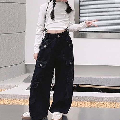 Girls Wide Leg Cargo Pants Solid Casual 𝗩intage Trousers Elastic High Waist Loose Fit Jeans with Multi Pocket2