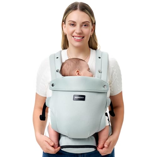Momcozy Newborn Baby Carrier – Ergonomic, Cozy and Lightweight Carrier for 7-24lbs, Adjustable Neck Support with Sunshield, Breathable Airmesh Perfect for Summer Outing, Silver Grey