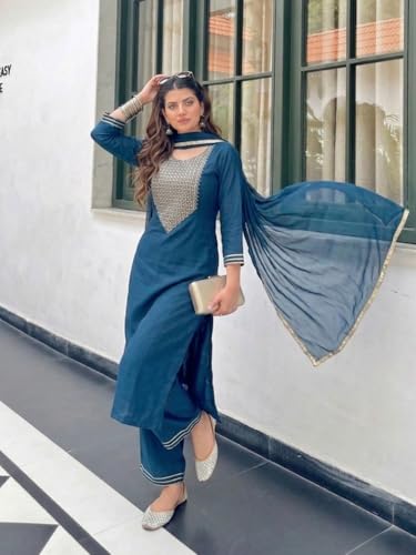 Image of GoSriKi Kurta Set Women Viscose Embroidered | Kurti Set Woman | Kurta Palazzo Dupatta 3 Piece Outfit | Round Neck 3 /4 Sleeve Straight Fit Ethnic Wear Ladies Dress Stylish Traditional Clothing