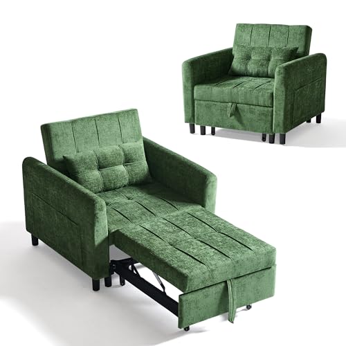 LINSY HOME 3-in-1 Schlaferstuhl, 1-Sitzer Sofa mit Schlaffunktion, Chenille Sessel Kleine mit Kissen und Seitentasche für Kleine Wohnung - Schlafbereich 74 x 190cm (Grün)