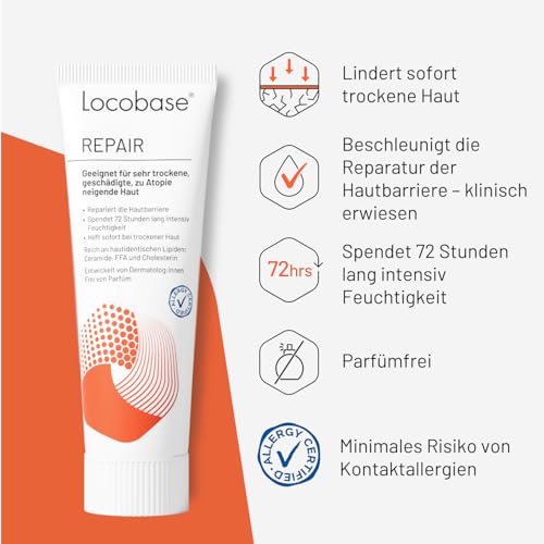 Locobase Repair Creme - 72h Feuchtigkeitscreme für sehr trockene & rissige Haut - Körper & Gesichtspflege - regeneriert die Hautbarriere - parfümfrei - dermatologisch getestet - 30g
