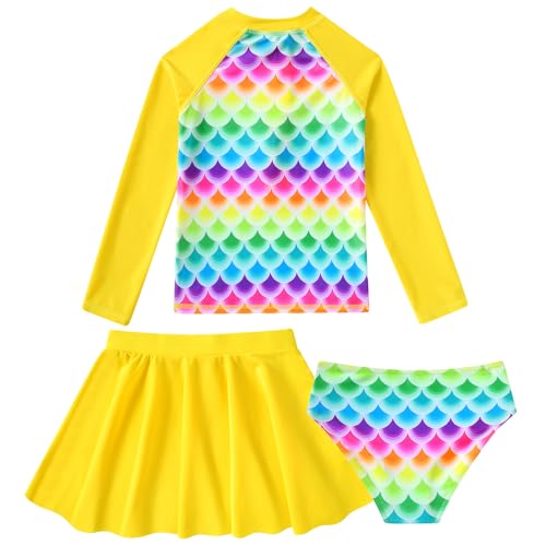 Kids Mermaid Swimsuit Girls Yellow 3pcs Rash Guard Set Long Sleeve Swimsuit with Skirt UPF 50+ Swimwear Beachwear Size 6-7 Years — view 2