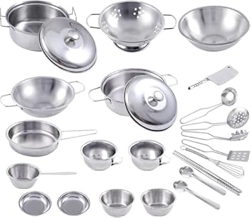 Pretend Play Kitchen Accessories Kids Kitchen Set Stainless Steel Play Pot and Pan Set for Kids Kitchen Supplies Play Food Kitchen Toys 25 Pieces