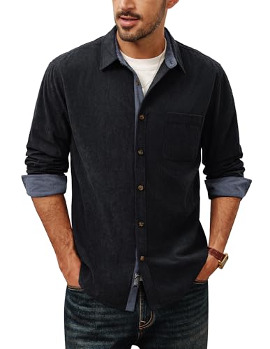 Image of PJ PAUL JONES Flannel Shirt Men Long Sleeves Corduroy Work Shirt with Flap Pockets Black S