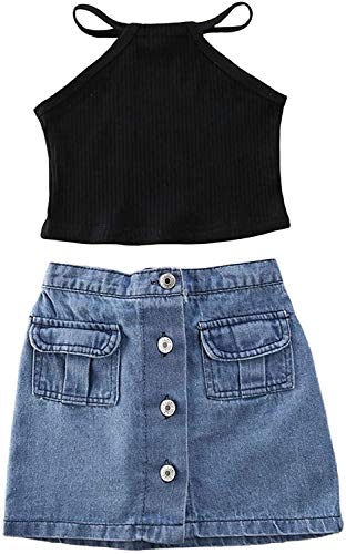 Kids Baby Girls Outfits Floral Ruffle Off Shoulder Crop Tops + Bowknot Denim Shorts Skirt Set Toddler Summer Clothes (Denim Halter, 5-6 Years)