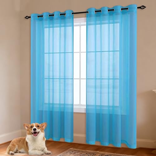 GOUBO Sheer Curtains 140 x 270 cm Semi Transparent Solid Color Sheer Window Curtains Lightweight for Living Room Bedroom French Door, Sky Blue