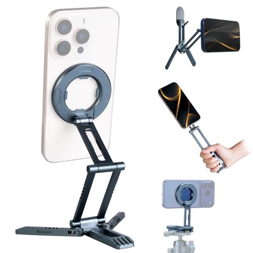 Image of LEAPLIEXT Aluminum Alloy Magnetic Desktop Phone Stand, 360° Rotation Foldable Portable, 1/4" Interface , Fits Tripod/Selfie Stick, for iPhone/Samsung/Phones, Office/Travel/Photo/Video