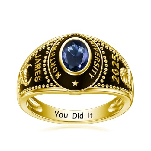 Customized Mens Class Rings 10k/14k/18k/Sterling Silver High School College Class Ring Personalied Oval Shape Birthstone Class Of 2025 2026 Ring Graduation Gift for Men(With Gift Box)