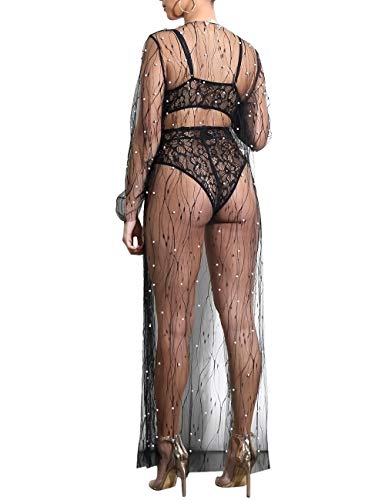 xxxiticat Women's See Through Lingerie with Pearl Black Sexy Robe Kimono Cardigan Exotic Long Sheer Mesh Beach Cover Up3