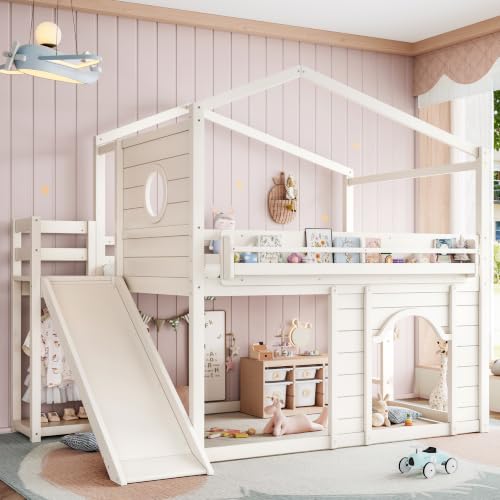 Image of Bellemave Bunk beds Full Over Full with Slide,Bookshelf and Wardrobe House roof Design, Low bunk /loft Bed for Kids,Beige