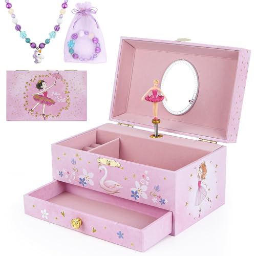 hombrima Music Jewellery Box with Drawer Necklace Bracelet, Musical Jewelry Storage Case with Spinning Ballerina Gift Set for Kids Girls Children Daughter (Pink Ballerina)