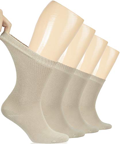 Hugh Ugoli Women's Bamboo Diabetic Crew Socks With Seamless Toe, 4 Pairs, Beige