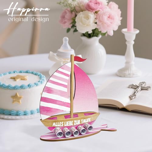 Taufgeschenke für Mädchen, Geldgeschenk zur Taufe - Holz Boot mit Basis, Originelle Taufe Geschenk Taufdeko für Mädchen (Rosa)