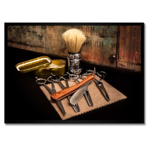Poster de barbe rasoir barbier avec cadre blanc 70 x 50 cm