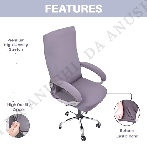 Image of Premium Elastic Boss Chair Cover with Armrest Covers | Stretchable Polyester Slipcover | 1-Seater Office Chair Protector | Fits Chair Back Height 71-76cm | Grey