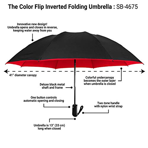Strombergbrand Color Flip Umbrella (Auto Open Reverse Umbrella), Inverted Folding Umbrella For Men And Women, Compact Two Tone Rain And Windproof Inside Out Umbrella,Red Under Black #TOP1