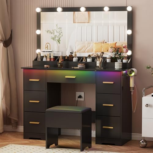 METOTI Tocador con espejo y luces, escritorio de maquillaje con 7 cajones de almacenamiento y toma de corriente, juego de tocador con espejo grande, 9 luces LED y silla, mesa de tocador para