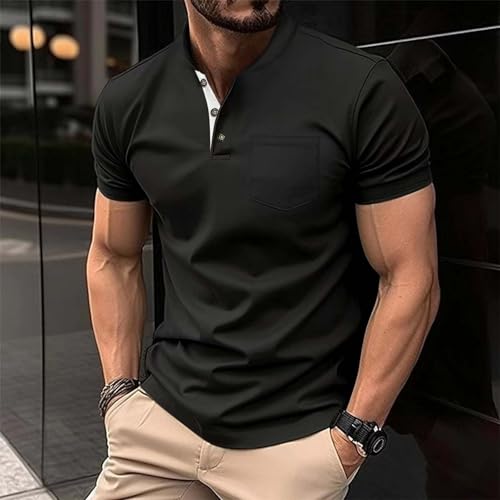 Mens Golf Henley Shirts Summer Short Sleeve Button Down Muscle Tops Business Casual Wrinkle Free Band Collar Blouses2