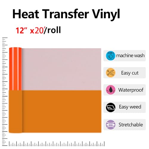 Image of HTVVETUR Glow in The Dark HTV Heat Transfer Vinyl Roll 12 Inch by 20 Feet Iron on DIY for T-Shirt PU Stretch Elastic HTV Vinyl (Dark in Glow Orange, 20FT)