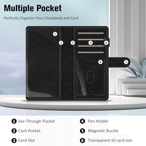 Image of FINTIE Checkbook Cover for Personal Checkbook, RFID Blocking Big Capacity Standard Register Duplicate Checks with Pen Holder, Cards Slots (Black and Brown)