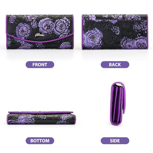 Roses Embossed Genuine Leather Trifold Wallet Purse (Purple)3