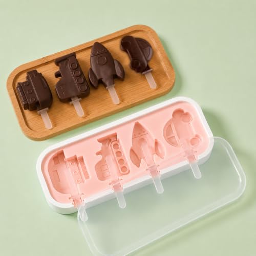 Image of 4 Vehicle Shape Cavity Non-Stick Silicone Ice Cream Mould with Lid & 6 Plastic Sticks Reusable Ice Lolly, Frozen Candy, Kulfi Molds, BPA-Free Stackable DIY Icecream Popsicle Maker (Multicolor)